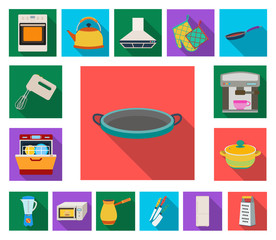 Kitchen equipment flat icons in set collection for design. Kitchen and accessories vector symbol stock web illustration.