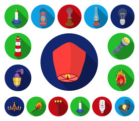 Light source flat icons in set collection for design. Light and equipment vector symbol stock web illustration.