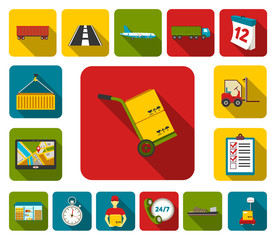 Logistics service flat icons in set collection for design. Logistics and equipment vector symbol stock web illustration.