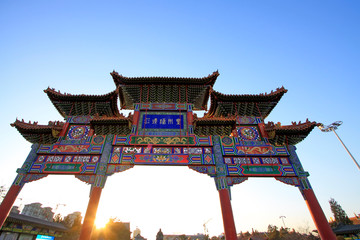 Chinese traditional style memorial arch architecture landscape, Hohhot, Inner Mongolia autonomous region, China