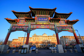 Chinese traditional style memorial arch architecture landscape, Hohhot, Inner Mongolia autonomous region, China