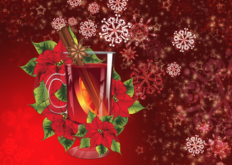 Mulled wine with poinsettia background