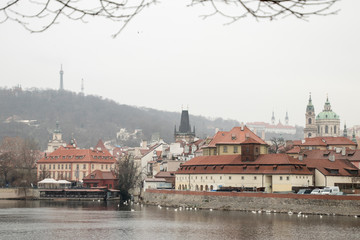 Charles bridge , navigation and shipping on the river,  Vltava, Moldau,