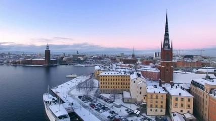 Aerial view of Stockholm City in winter 