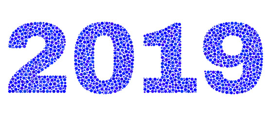 Vector dot 2019 text isolated on a white background. 2019 mosaic title of circle dots in various sizes.