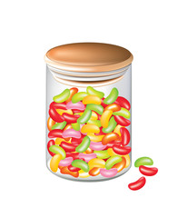 Jelly beans in a cylindrical glass jar isolated