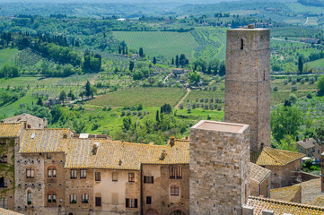 San Gimignano fortress and Tuscany fields view from the tower