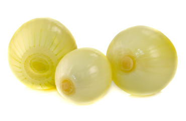 three white onions isolated on white background. Three white Onion peeled from husk isolate on a white background