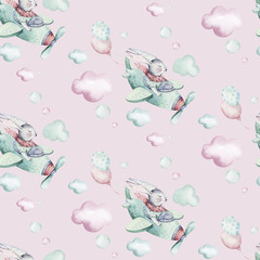 Hand tekenen vliegen schattige paashaas aquarel cartoon konijntjes met vliegtuig in de lucht textiel patroon. Turkoois aquarel textiel illustratie decoratie