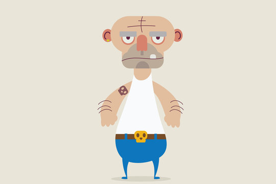 Badman with a tattoo wearing blue jeans and skull  Belt