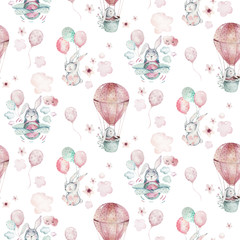 Hand drawing fly cute easter pilot bunny watercolor cartoon bunnies with airplane and balloon in the sky textile pattern. Turquoise watercolour textile illustration decoration