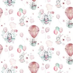 Foto op Plexiglas Dieren met ballon Hand tekenen vliegen schattige paashaas aquarel cartoon konijntjes met vliegtuig en ballon in de lucht textiel patroon. Turkoois aquarel textiel illustratie decoratie