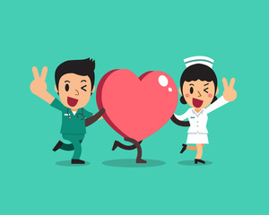 Cartoon vector female nurse and male nurse with big heart sign for design.