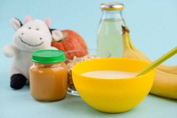 Baby food, fruits and toy