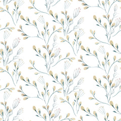 Seamless pattern with spring willow flowers and leaves. Easter Hand drawn background with pussy-willow branch. floral pattern for wallpaper or fabric.