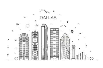 Fototapeta premium Ilustracja panoramę linii architektury Texas Dallas. Liniowy wektor gród ze słynnymi zabytkami