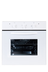 Fototapeta premium Built-In Gas Oven Isolated on White Background. Front View of Stainless Steel Oven with a Large-Capacity Warming Drawer. Range Cooker.
