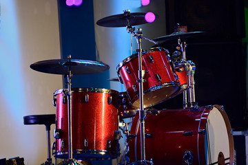 Close-up of musical drum set is ready to play in a live stage programmed.