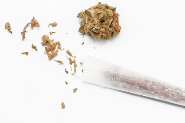 Rolling cannabis joint with tobacco on white backgound