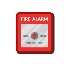 Fire alarm system. Press button fire safety box. Break red alarm equipment detector. Vector illustration in flat style isolated on white background.