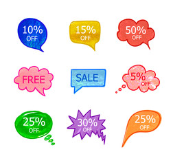 Vector Collection of Hand Drawn Colorful Talk Bubbles with Different Discounts, Sale Labels Set, Isolated.
