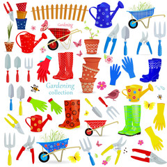 colorful big set of gardening tools and equipments on white background for your design