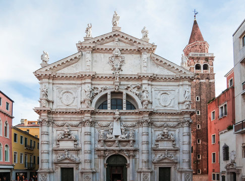 VENICE, ITALY, NOV 1st 2018: Basilica or church di San Moise or exterior view. Perspective facade or front view. Ancient baroque venetian or italian exterior architecture.