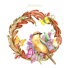 vintage floral vignette with cute bird and butterflies. watercolor painting