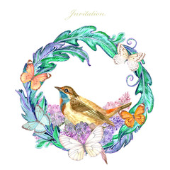 fancy floral vignette with lovely bird and butterflies. watercolor painting