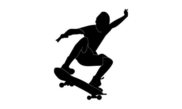 silhouette images of young men showing skills on a skateboard.