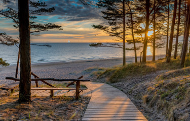 Fototapeta na wymiar Morning in Jurmala that is located at Riga gulf of the Baltic Sea and is a famous tourist resort and recreational zone in Baltic region of EC