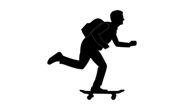 silhouette of a man wearing a backpack running on a skateboard