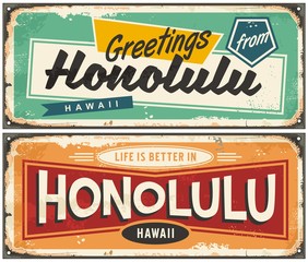 Honolulu Hawaii tin sign souvenir card idea. Greetings from Honolulu unique retro post card design. Travel destinations.