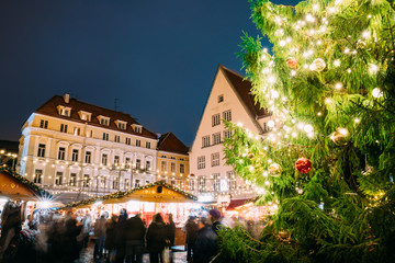 Tallinn, Estonia. Traditional Christmas Market On Town Hall Squa