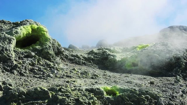 Volcanic activity, sulfur fumarole and hot gas on the slope of Ebeko volcano, Northern Kuriles, Paramushir Island