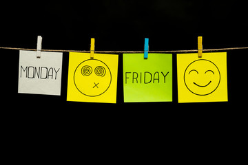 Copy space. Four sticker. Monday and friday. Smileys positive and negative. Beginning and end of the working week. Stickers attached to a rope clothespins.