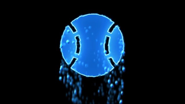 Liquid symbol baseball ball appears with water droplets. Then dissolves with drops of water. Alpha channel black