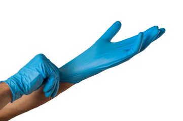Human hand in blue rubber glove isolated on white background. Medical or cleaning concept