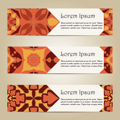 Vector set of colorful horizontal banners for business and invitation. Portuguese, Azulejo, Moroccan; Arabic; asian ornaments