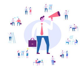 Business people character set. Teamwork. Working together in the company. Brainstorming, searching for new ideas solutions. Flat vector illustration isolated on white.