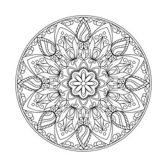 black contour isolated arabesque mandala with leaves