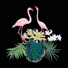 A composition of tropical plants, palm leaves
