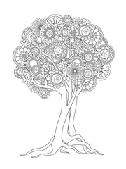 tangled tree with mandalas and flowers