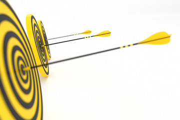 Three yellow arrows hit three yellow targets, 3d illustration