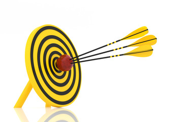 three yellow arrows hit the center of the yellow target in a red apple, 3d illustration