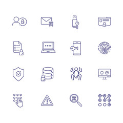 Data safety line icon set. Spider, fingerprint, key, lock, password. Protection concept. Can be used for topics like secured access, identification, information technology