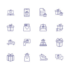 Giving gifts line icon set. Present box, vehicle, shopping bag, hand, gadget. Celebration concept. Can be used for topics like delivery, shipping, online store