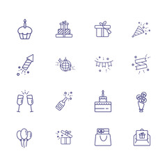 Wedding day line icon set. Gifts, cake, couple of flutes. Celebration concept. Can be used for topics like party, holiday, decoration, special day