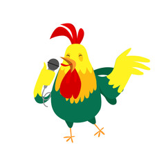 Cute cock singing in microphone. Entertainment concept. Vector illustration can be used for topics like performance, leisure, hobby