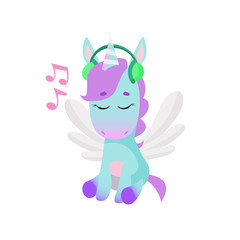 Obraz na płótnie Canvas Cute unicorn listening to music in headphones. Music concept. Vector illustration can be used for topics like fantasy, leisure, technology